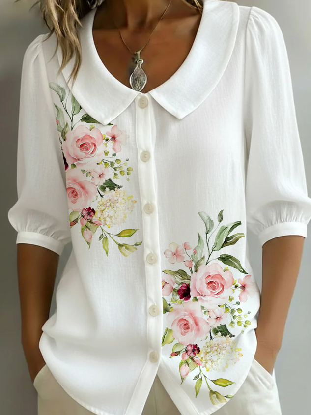 Women Floral Shawl Collar Half Sleeve Casual Daily Summer Shirt