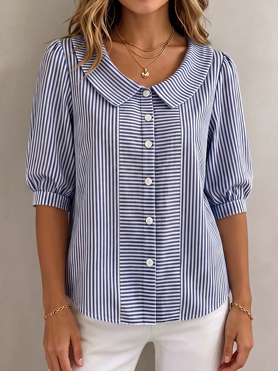 Retro Peter Pan Collar Artistic Striped Cotton-linen Blouse