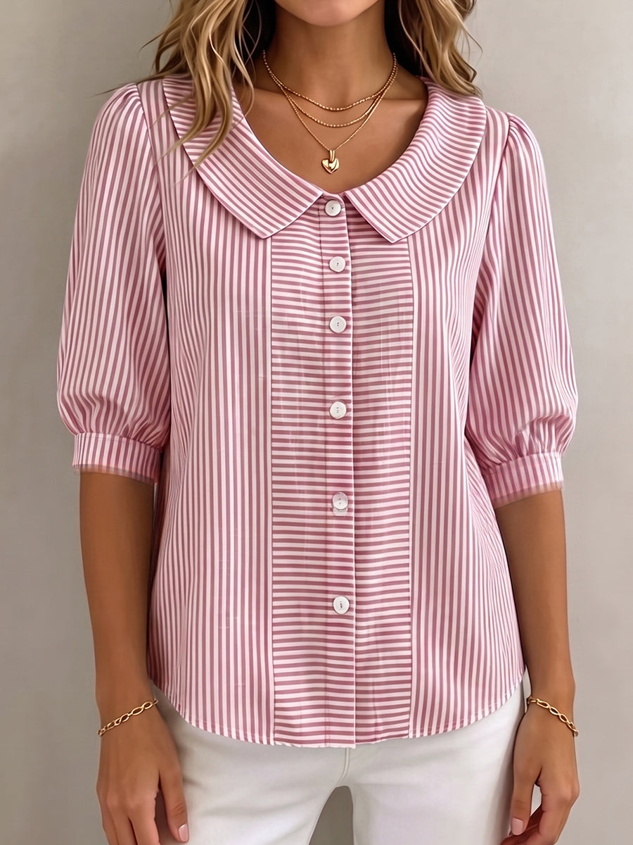 Retro Peter Pan Collar Artistic Striped Cotton-linen Blouse