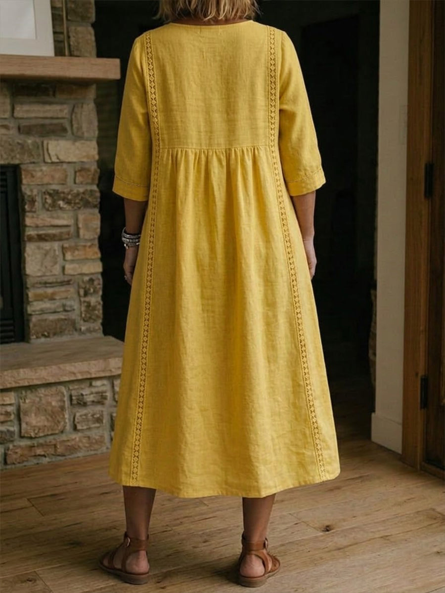 Neu eingetroffen 🔥 Damen lässiges locker geschnittenes Patchwork-Kleid mit Spitzenbesatz aus Leinen und Baumwolle