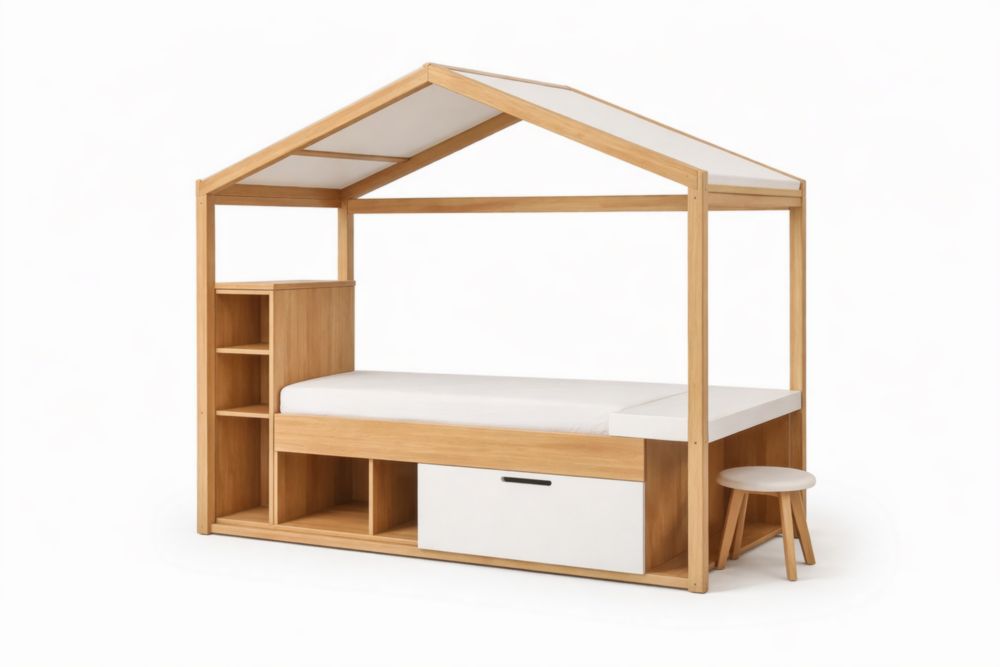 Kinderbett Hausbett Eichenholz Weiß Regal Schublade 205cm x 105cm x 180cm(L × B × H)