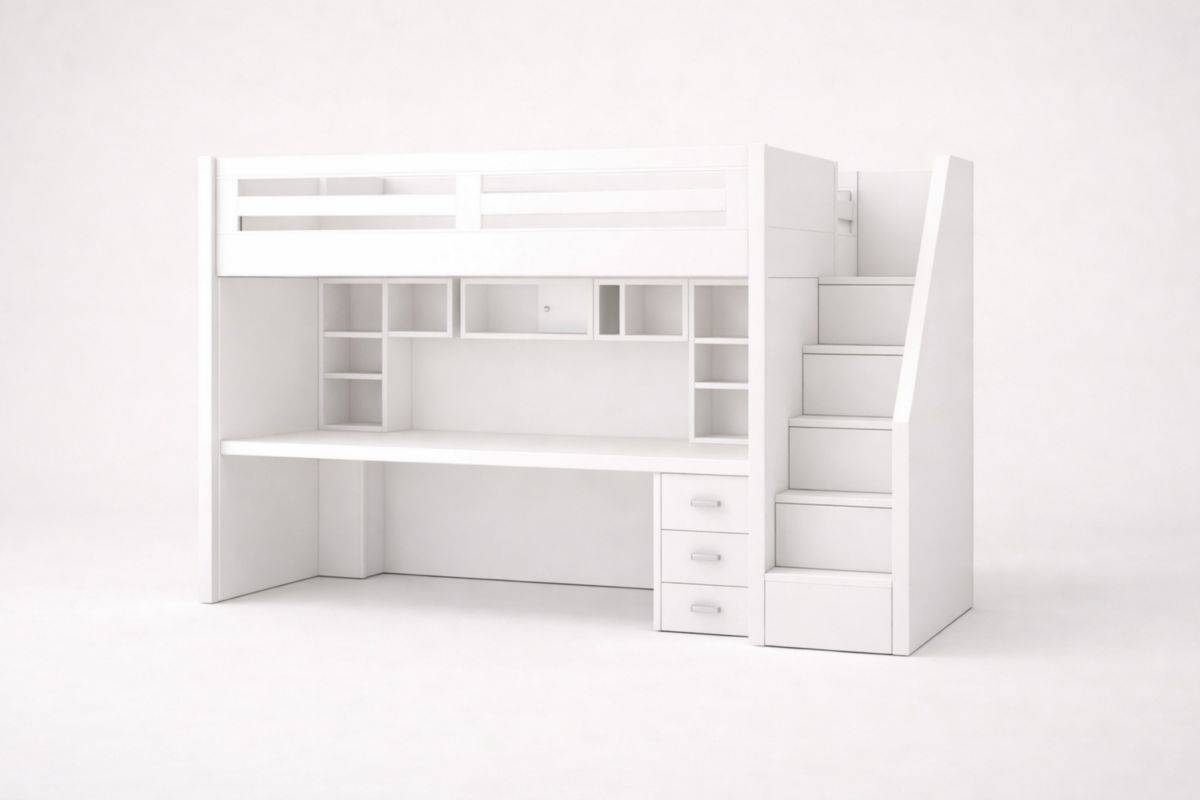 Hochbett aus MDF, Weiß, mit Schreibtisch und Treppe, für Kinder