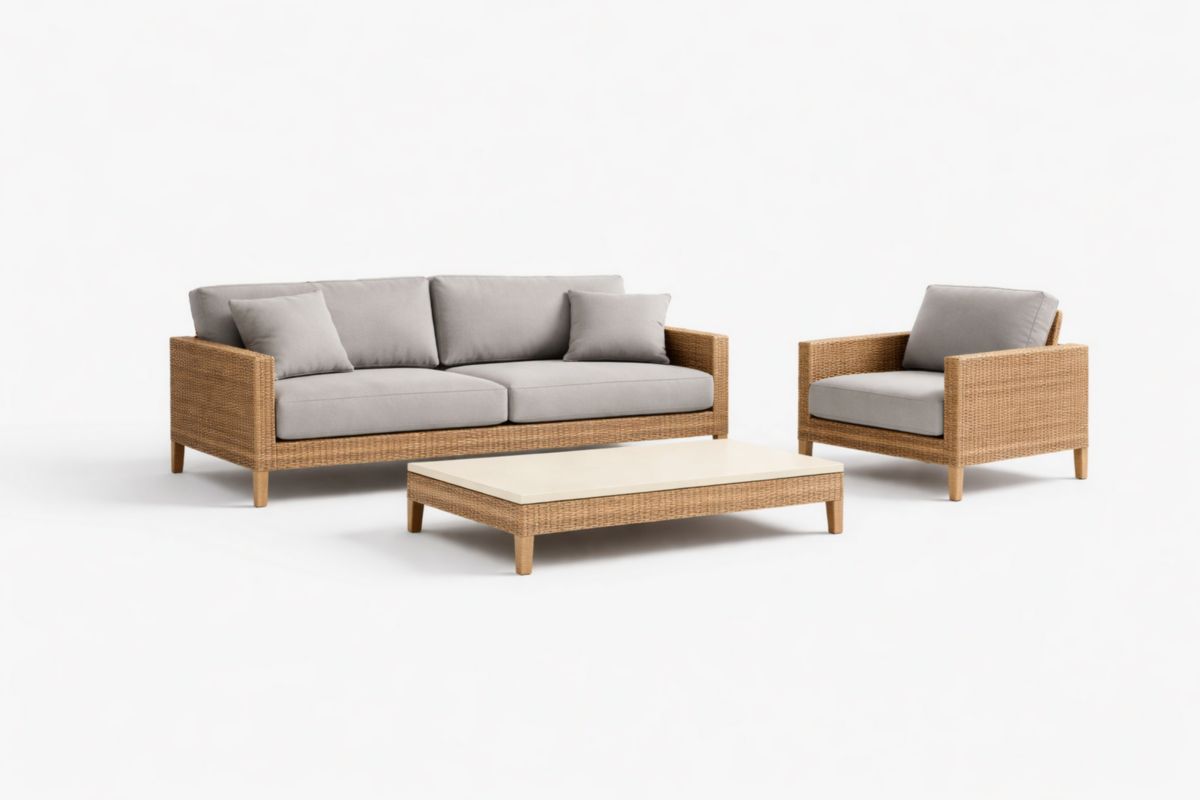 Rattan-Gartenmöbelset mit Polyesterkissen Grau/Beige, inkl. Sofa, Sessel und Tisch