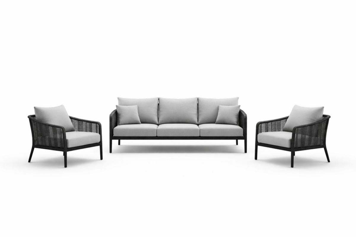 Rattan Outdoor Sitzgruppe 3-Sitzer Sofa Set mit Kissen Grau