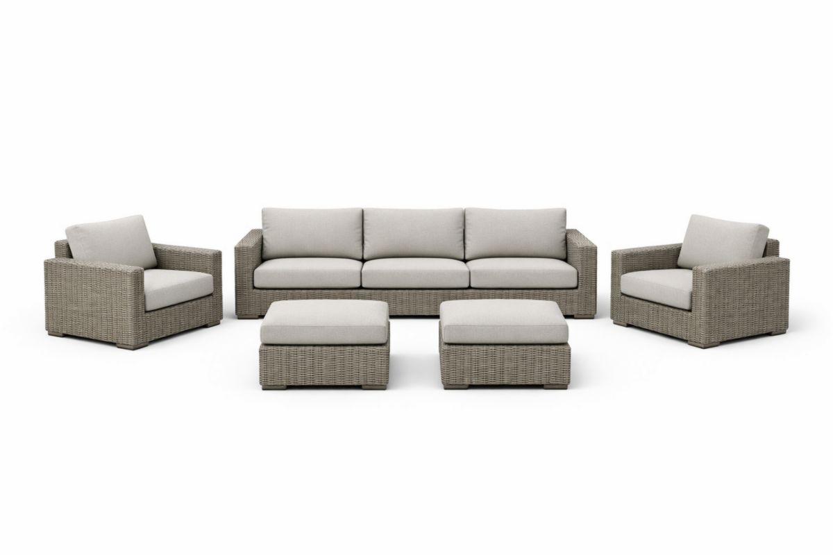 5-teiliges Polyrattan Sofa-Set in Hellgrau mit Polyesterkissen