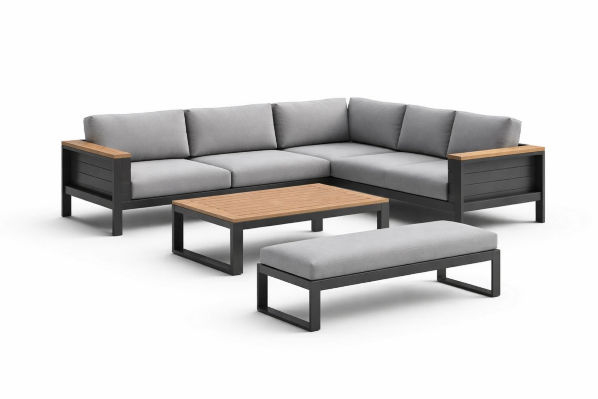Gartensofa Set Aluminium Polyester L-förmig mit Tisch und Bank Grau