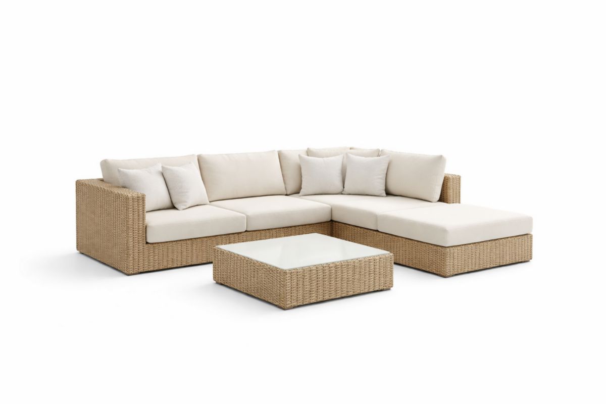 Rattan Ecksofa Set mit Couchtisch, Kissen Creme 280 x 210 cm