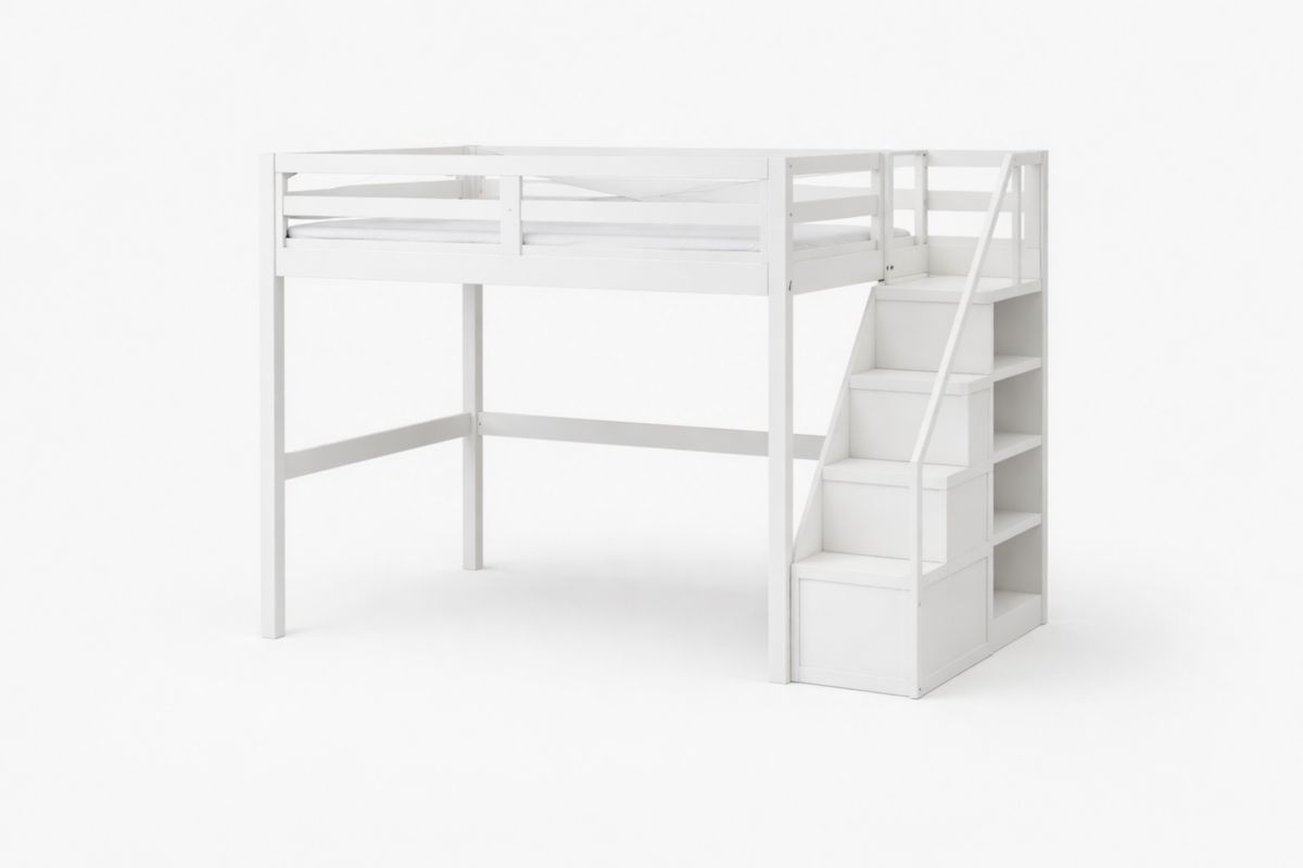 Hochbett aus Kiefernholz, Weiß, mit Treppe und Stauraum, für Kinder 200x90 cm(L × B)