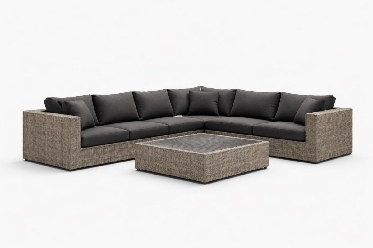 Garten Ecksofa Set Rattan Grau mit Polyesterkissen