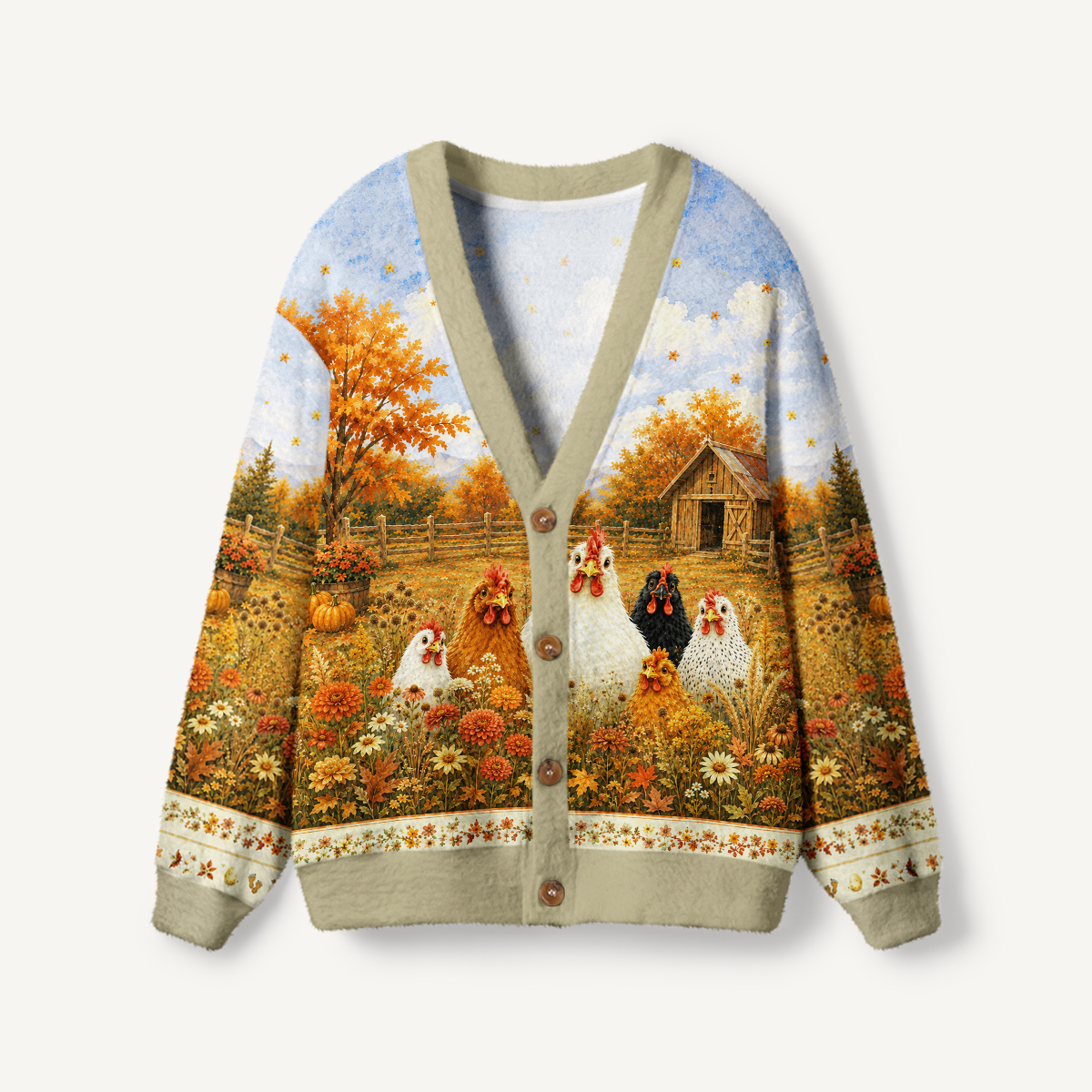 Autumn Farmyard Chicken Garden Print Ugly Cardigan Sweaters