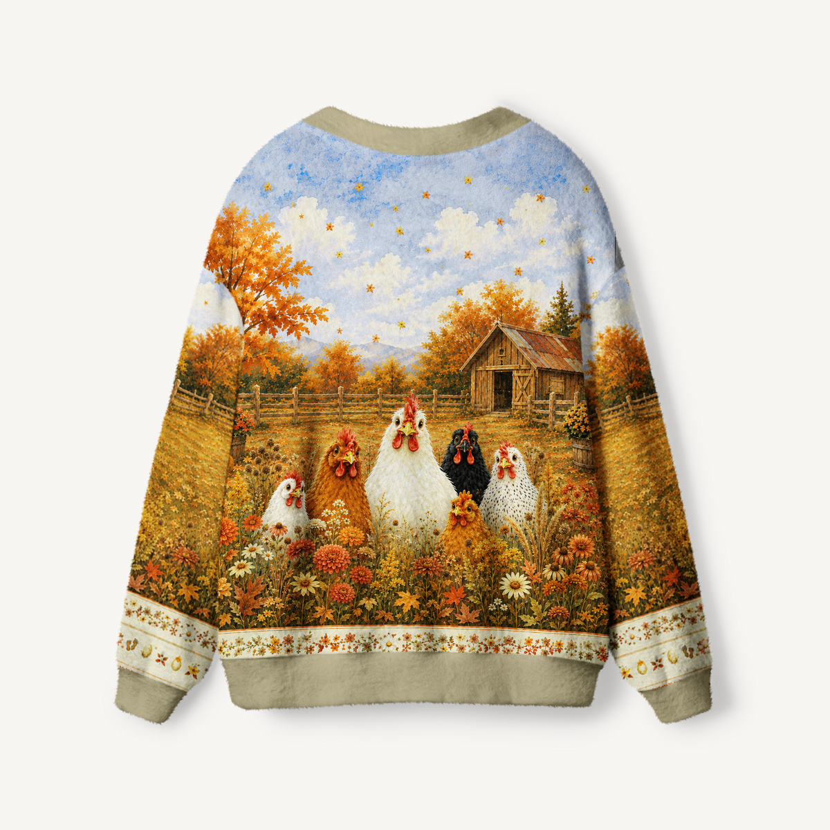 Autumn Farmyard Chicken Garden Print Ugly Cardigan Sweaters