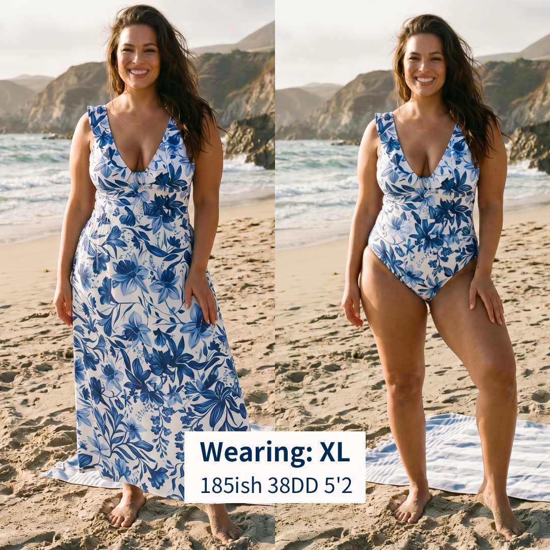Blue Willow Bloom Ruffled V Neck One Piece Swimsuit and Matching Midi Skirt Set