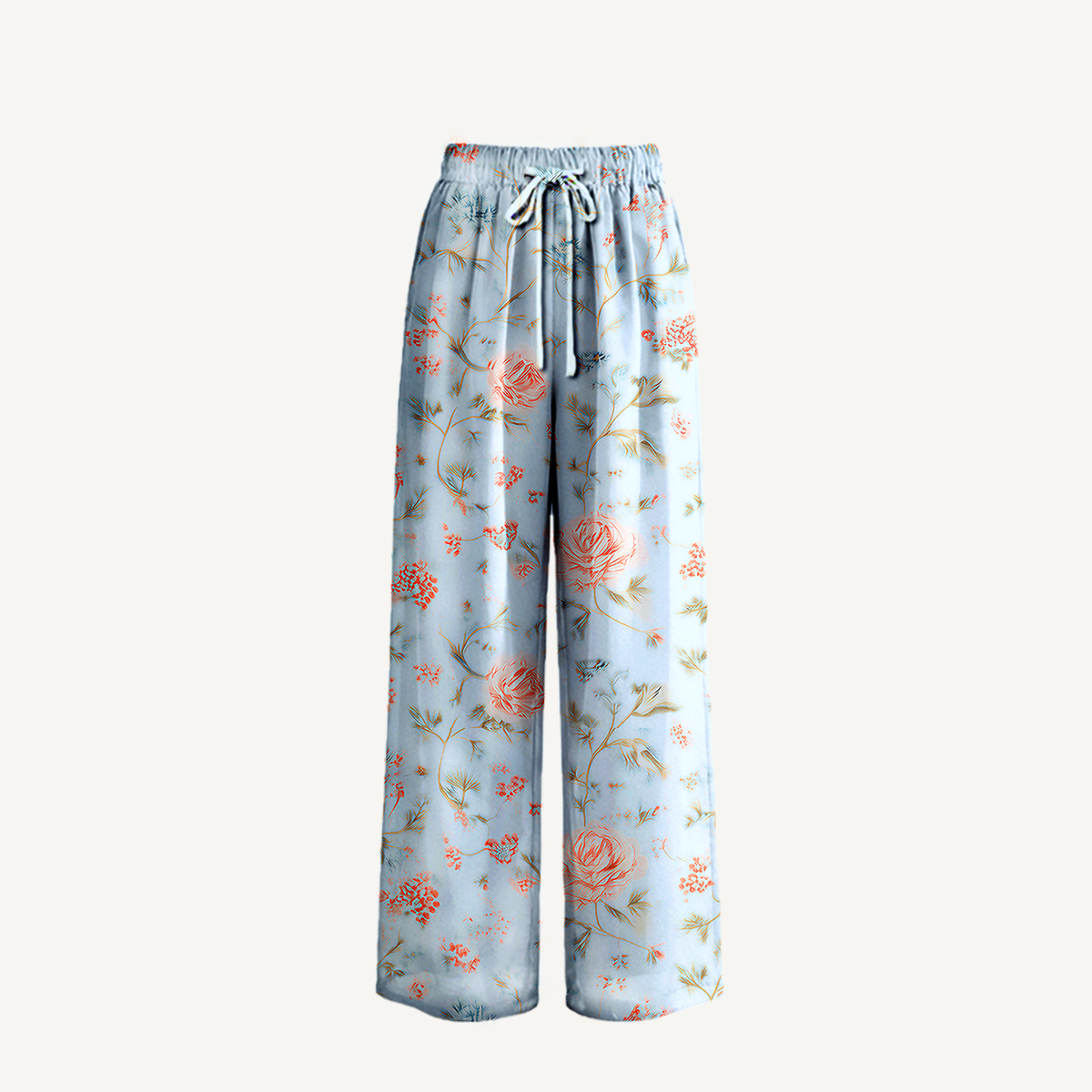 Boho Floral Wide Leg Tie Waist Pants with Pockets