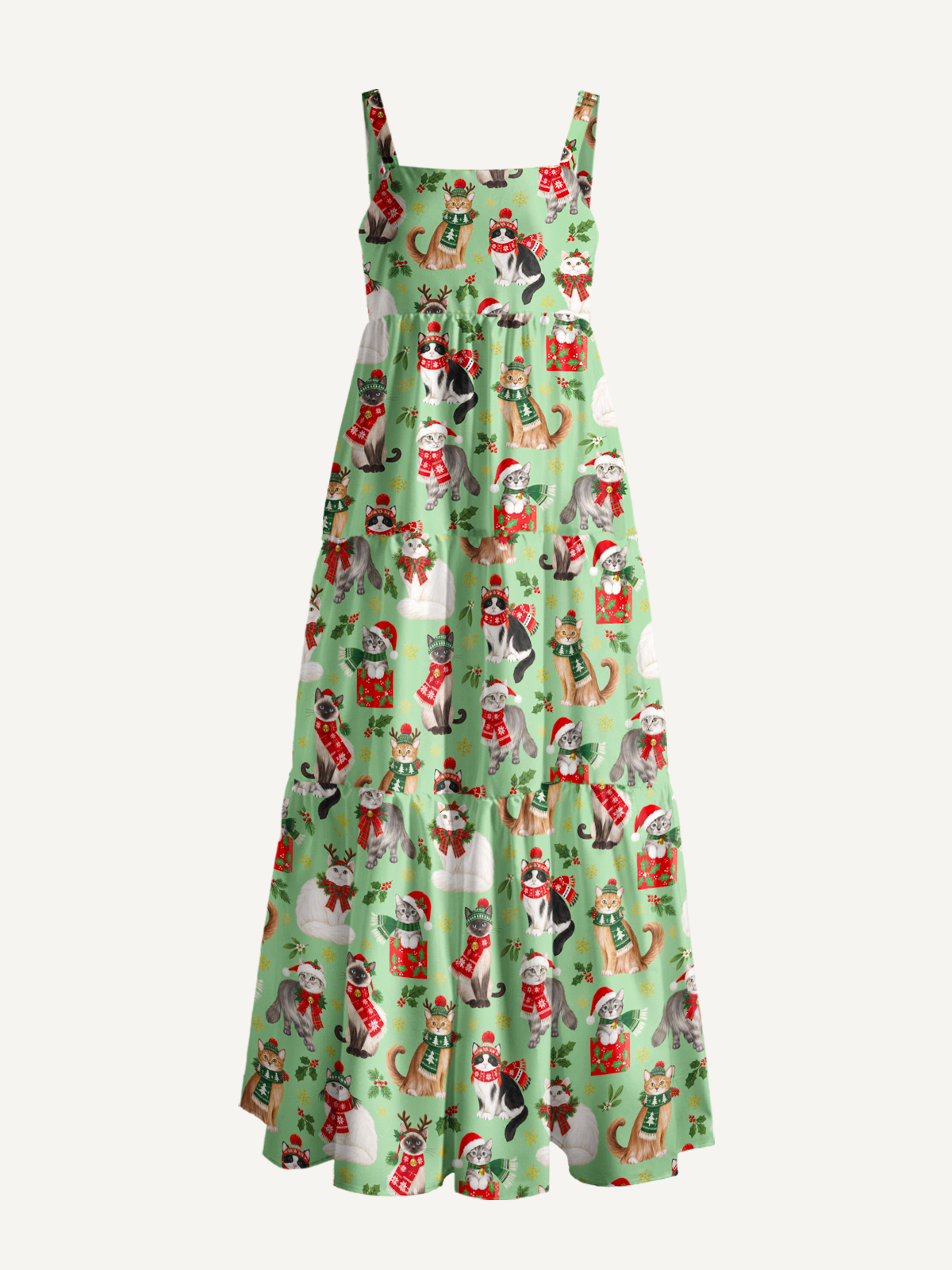 Christmas Kitty Parade Print Wide Straps Maxi Dress With Pockets