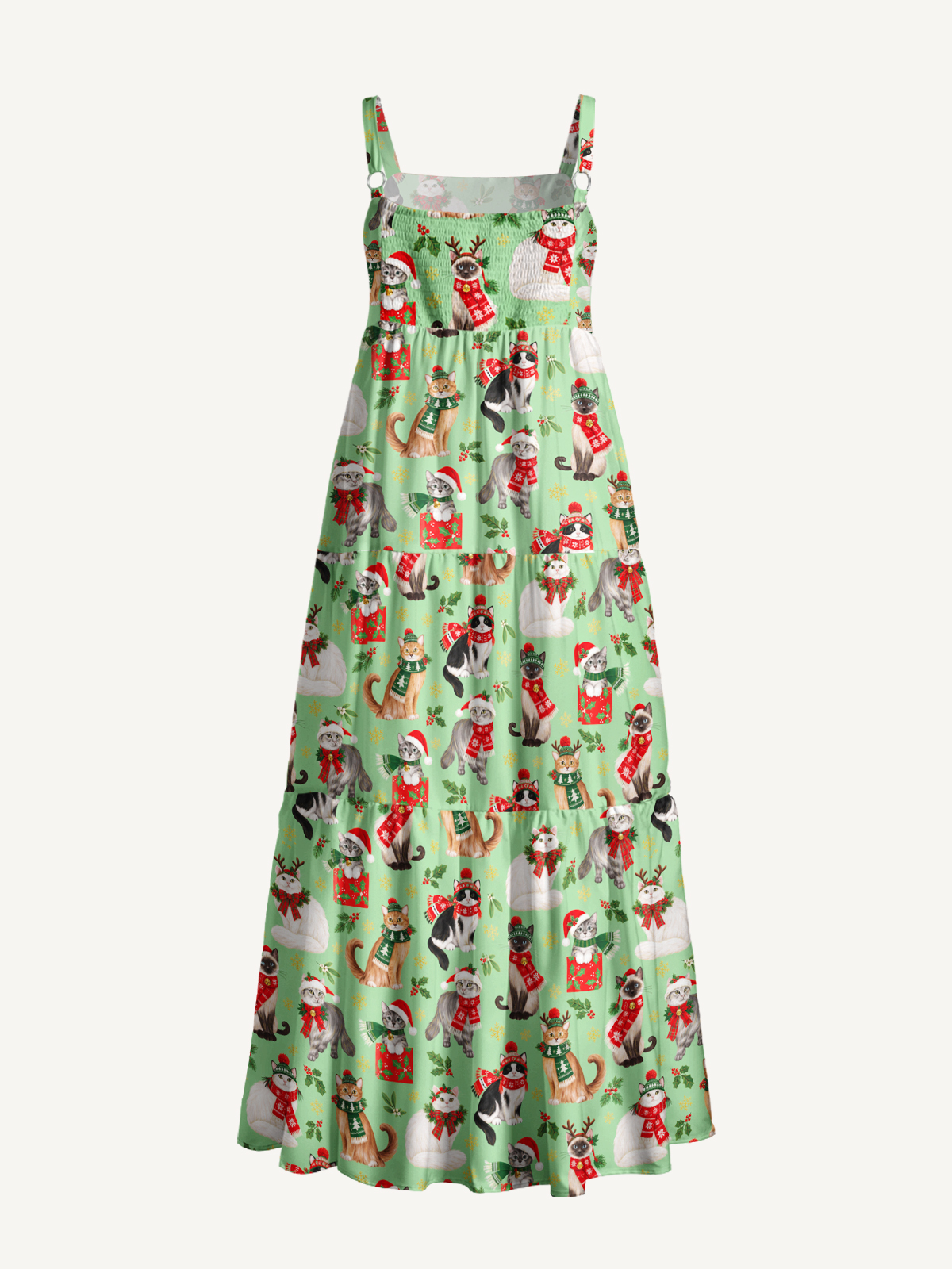 Christmas Kitty Parade Print Wide Straps Maxi Dress With Pockets