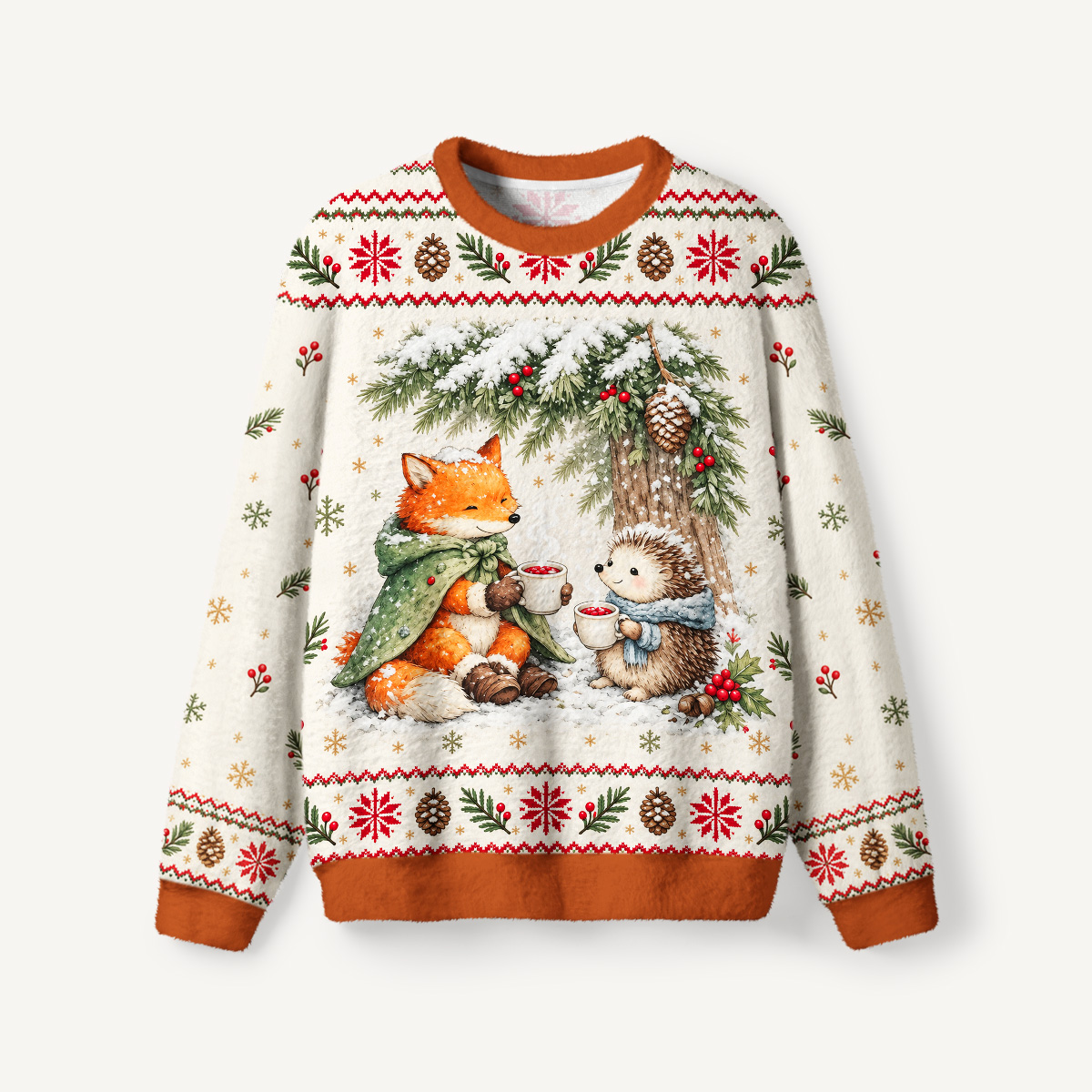 Cozy Winter Fox & Hedgehog Fuzzy Crewneck Sweater
