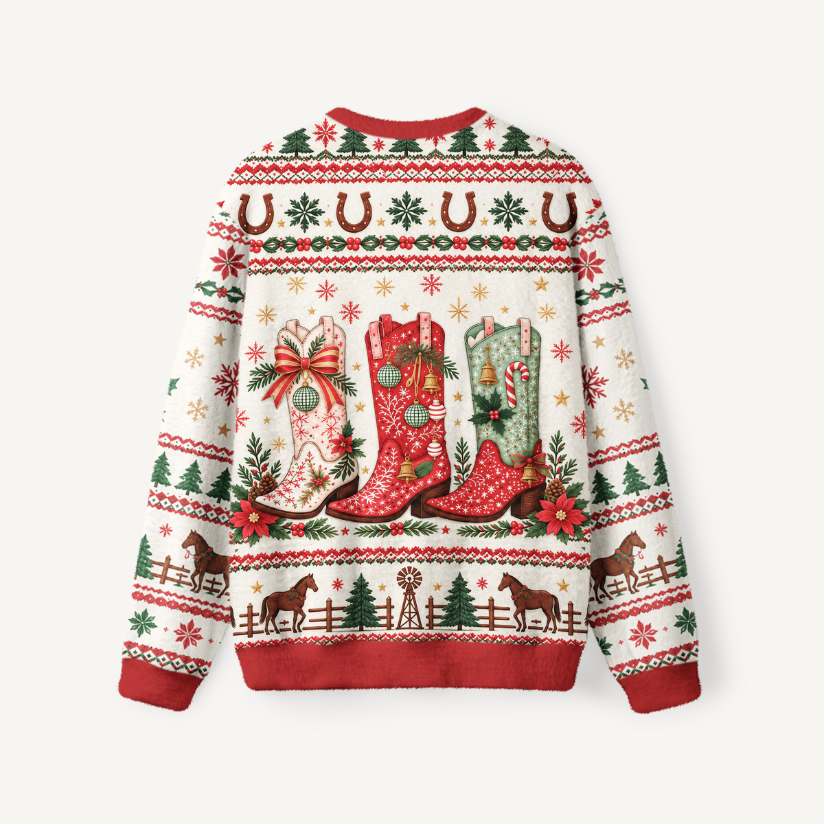 Western Christmas Cowboy Boots Fuzzy Crewneck Sweater