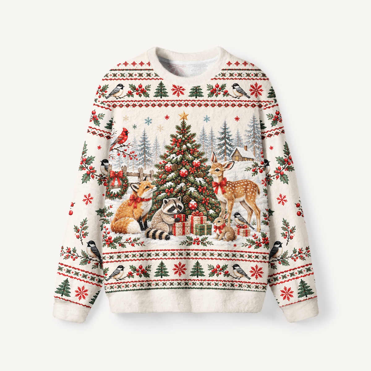 Cottagecore Christmas Woodland Animals Fuzzy Crewneck Sweater
