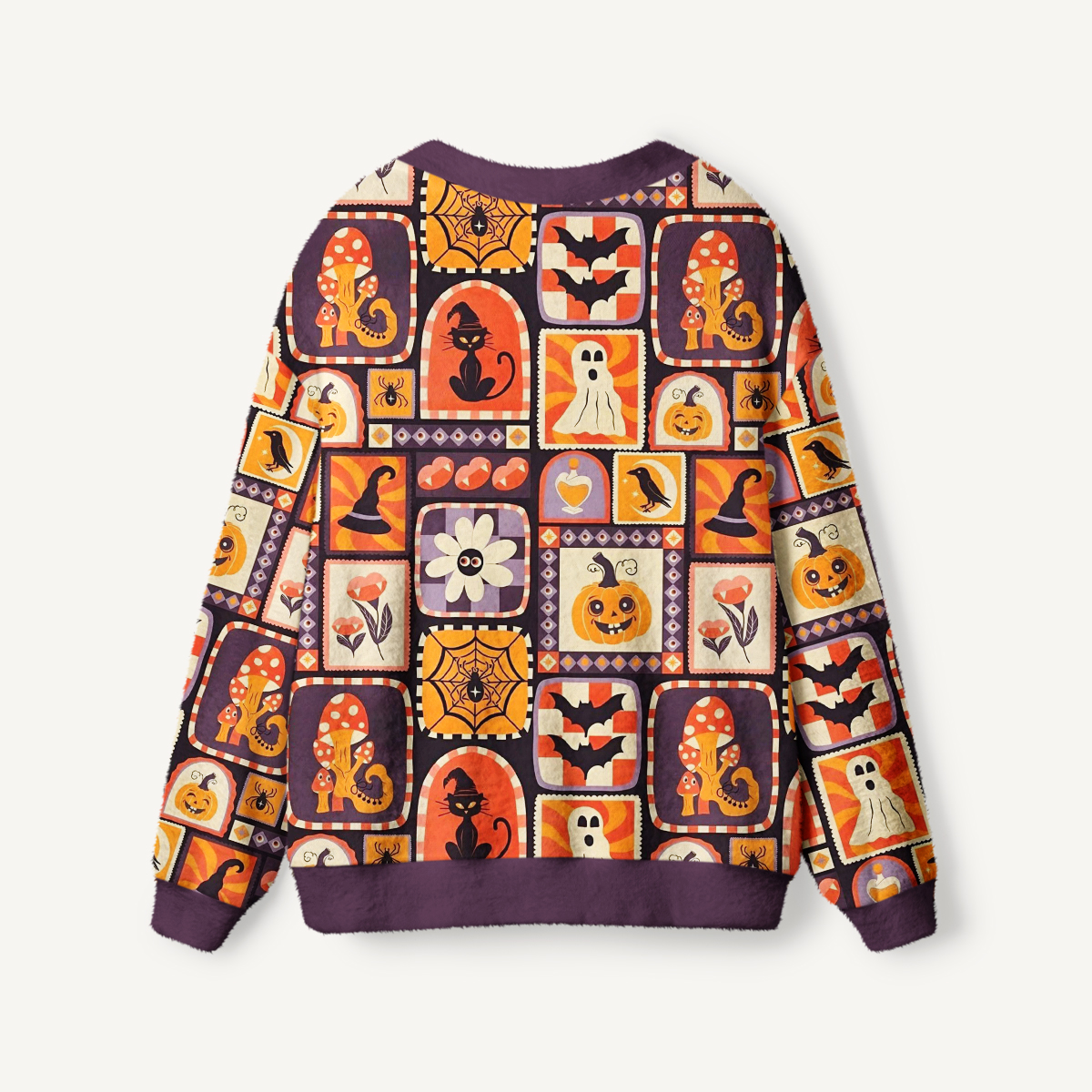 Retro Spooky Pumpkin Cat & Ghost Patchwork Ugly Cardigan Sweaters