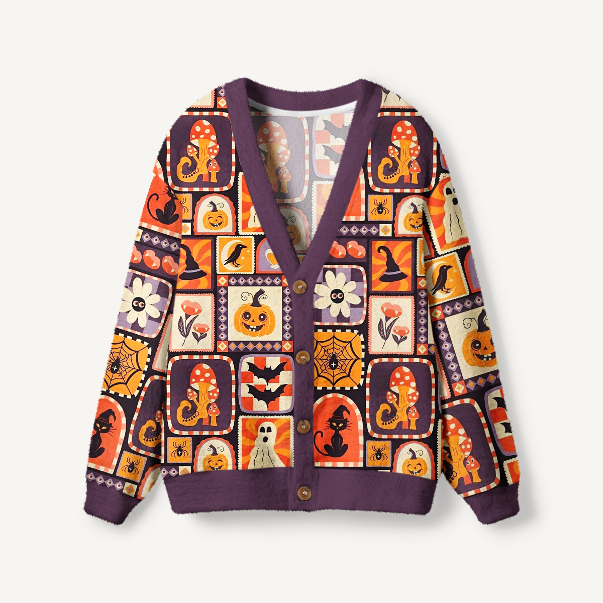 Retro Spooky Pumpkin Cat & Ghost Patchwork Ugly Cardigan Sweaters