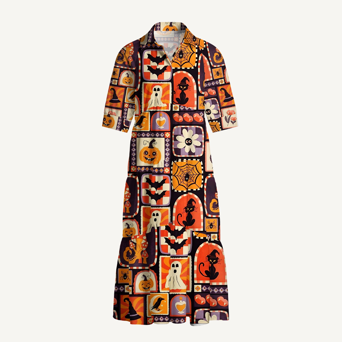 Retro Spooky Pumpkin Cat & Ghost Patchwork Print Casual Midi Dress With Pockets