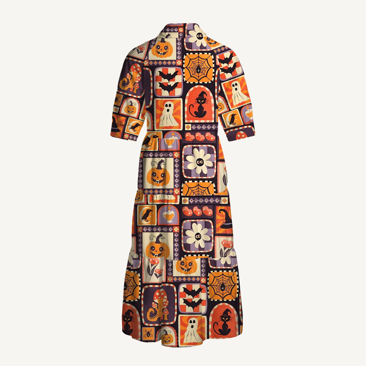 Retro Spooky Pumpkin Cat & Ghost Patchwork Print Casual Midi Dress With Pockets