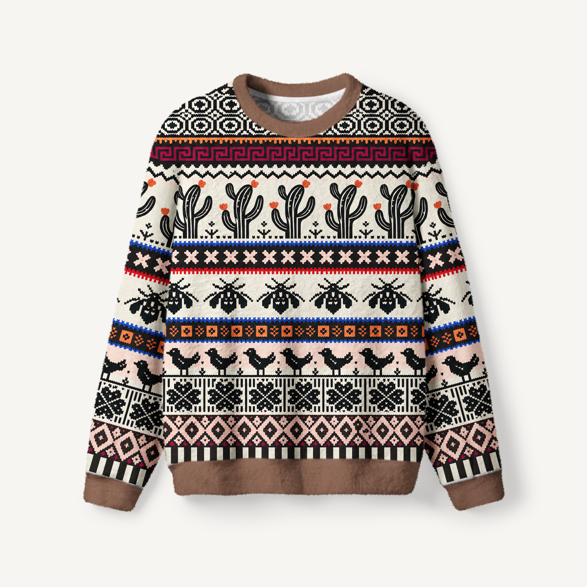 Southwestern Folk Cactus & Moth Fuzzy Crewneck Sweater