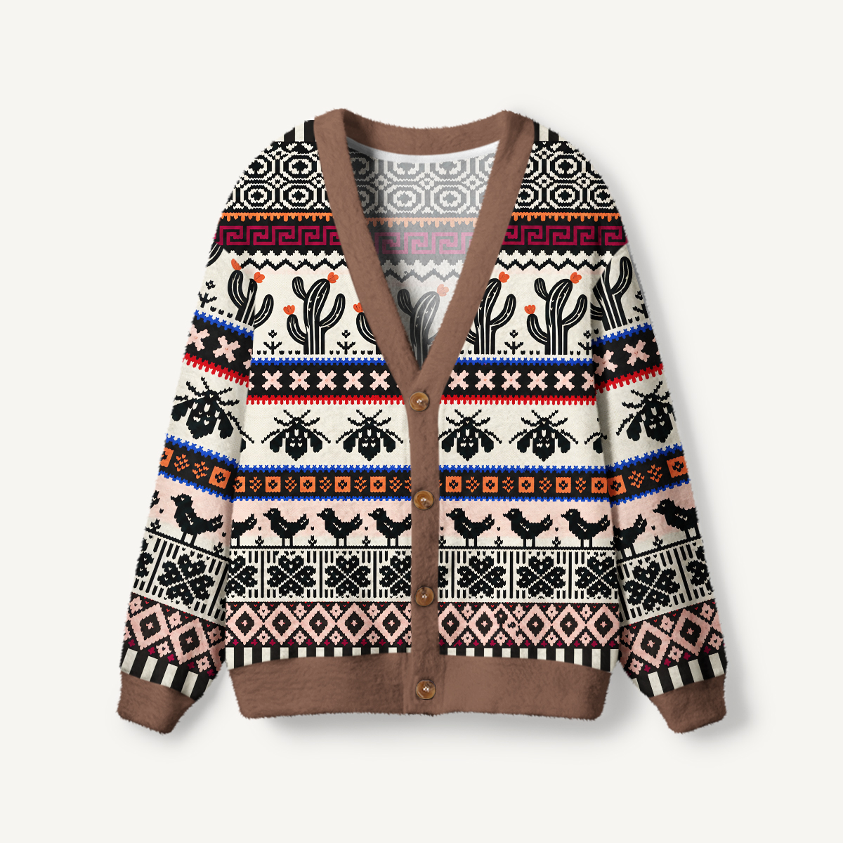 Southwestern Folk Cactus & Moth Ugly Cardigan Sweaters