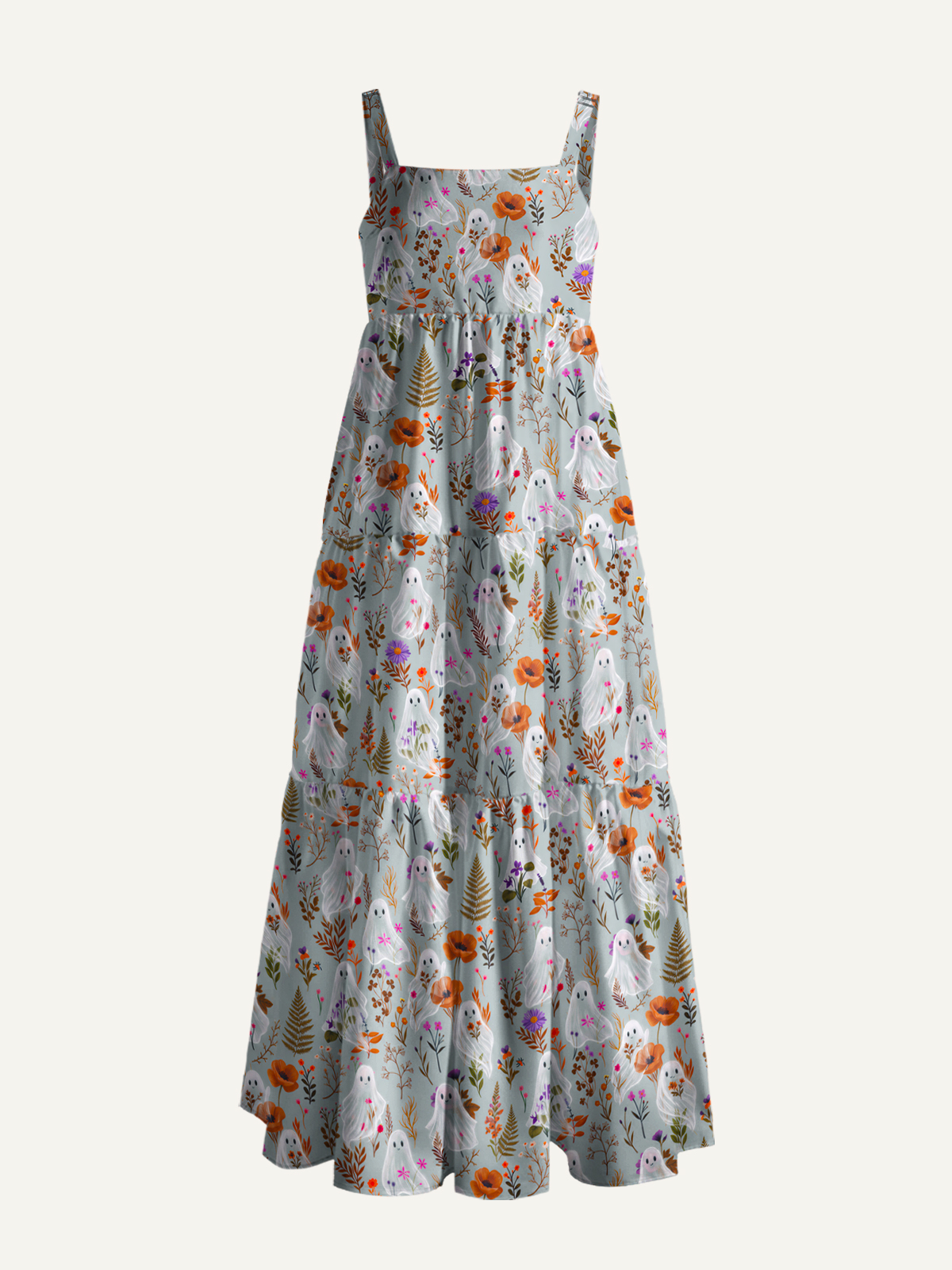 Ghostly Wildflower Meadow Print Wide Straps Maxi Dress With Pockets