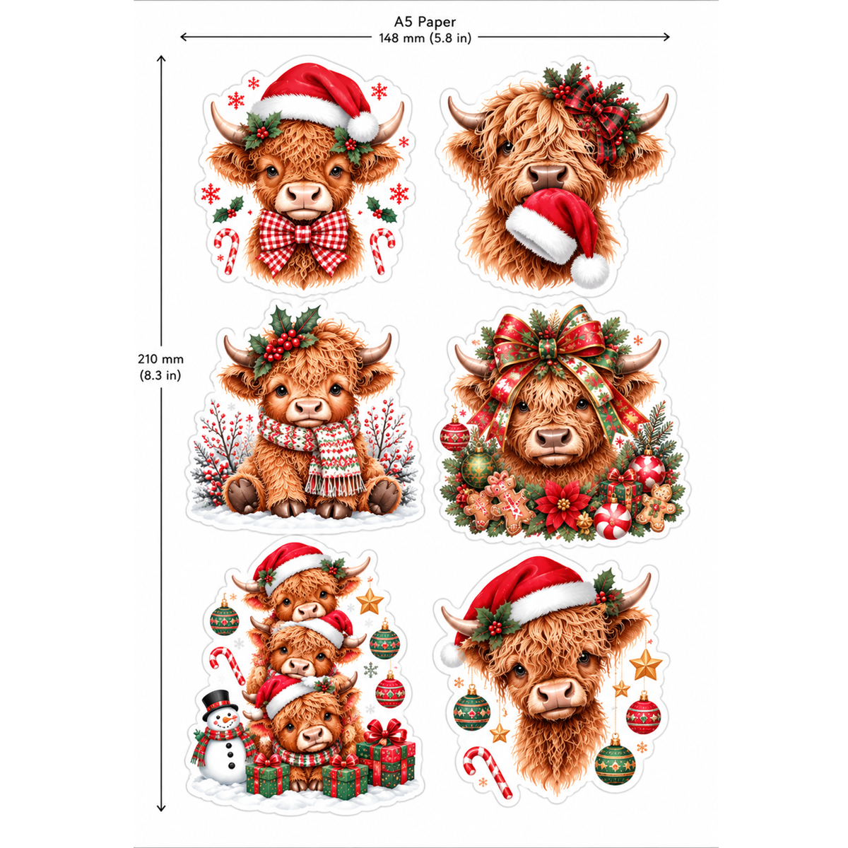 Festive Highland Cow Christmas Stickers
