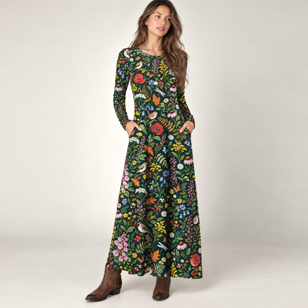 Cottagecore Songbirds & Wildflowers Print Soft-Touch Stretch Knit Long Sleeve Maxi Dress with Pockets