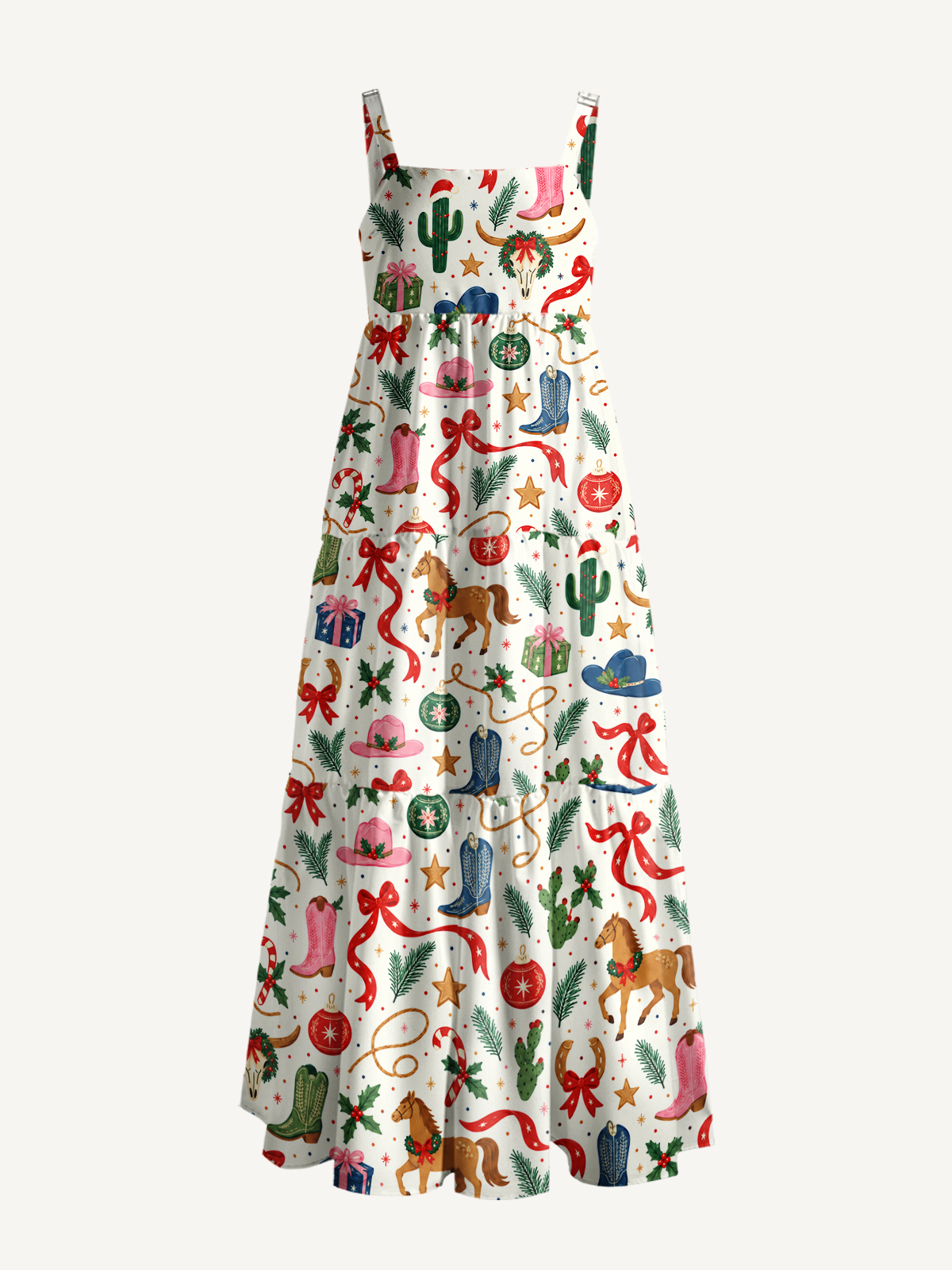 Western Christmas Rodeo Print Wide Straps Maxi Dress With Pockets