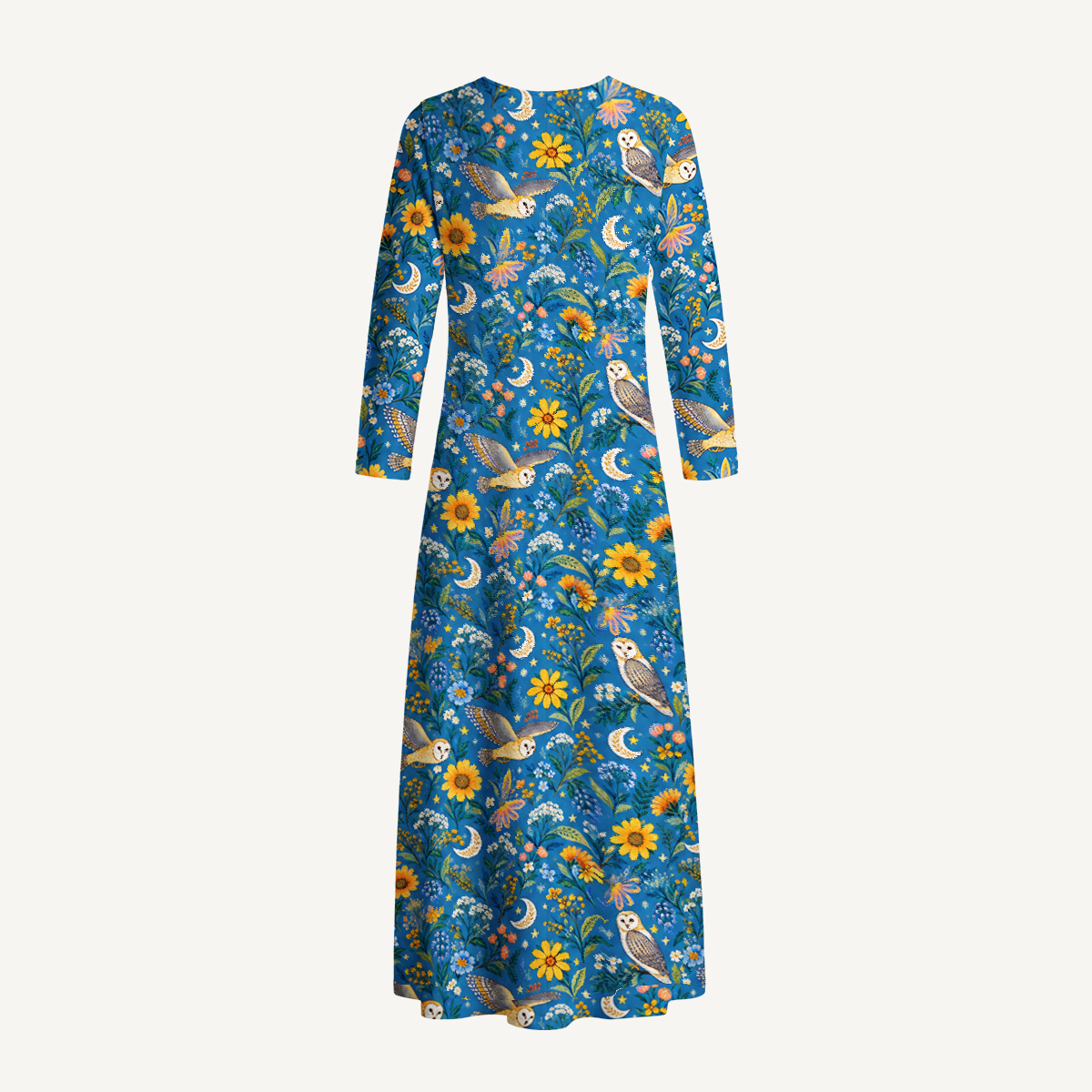 Moonlit Owl & Wildflowers Print Soft-Touch Stretch Knit Long Sleeve Maxi Dress with Pockets