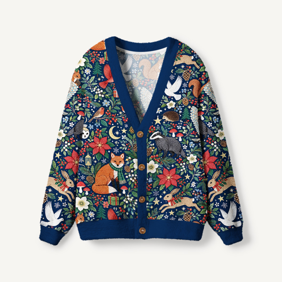 Enchanted Christmas Forest Friends Print Cardigan Sweaters