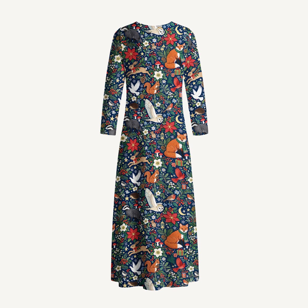 Enchanted Christmas Forest Friends Print Soft-Touch Stretch Knit Long Sleeve Maxi Dress with Pockets