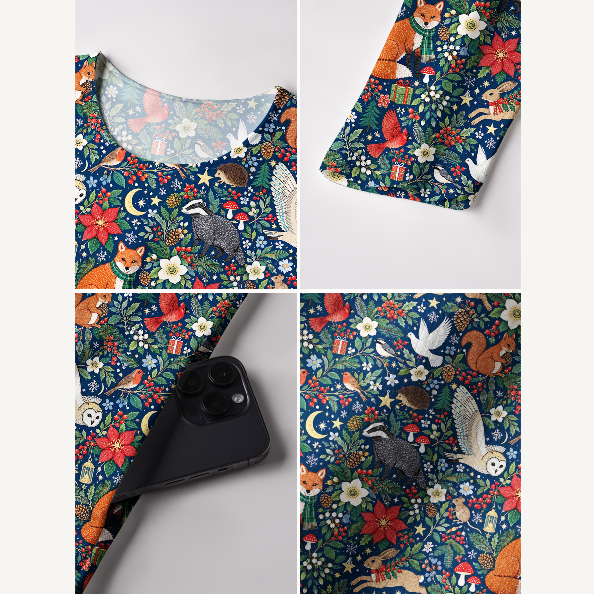 Enchanted Christmas Forest Friends Print Soft-Touch Stretch Knit Long Sleeve Maxi Dress with Pockets