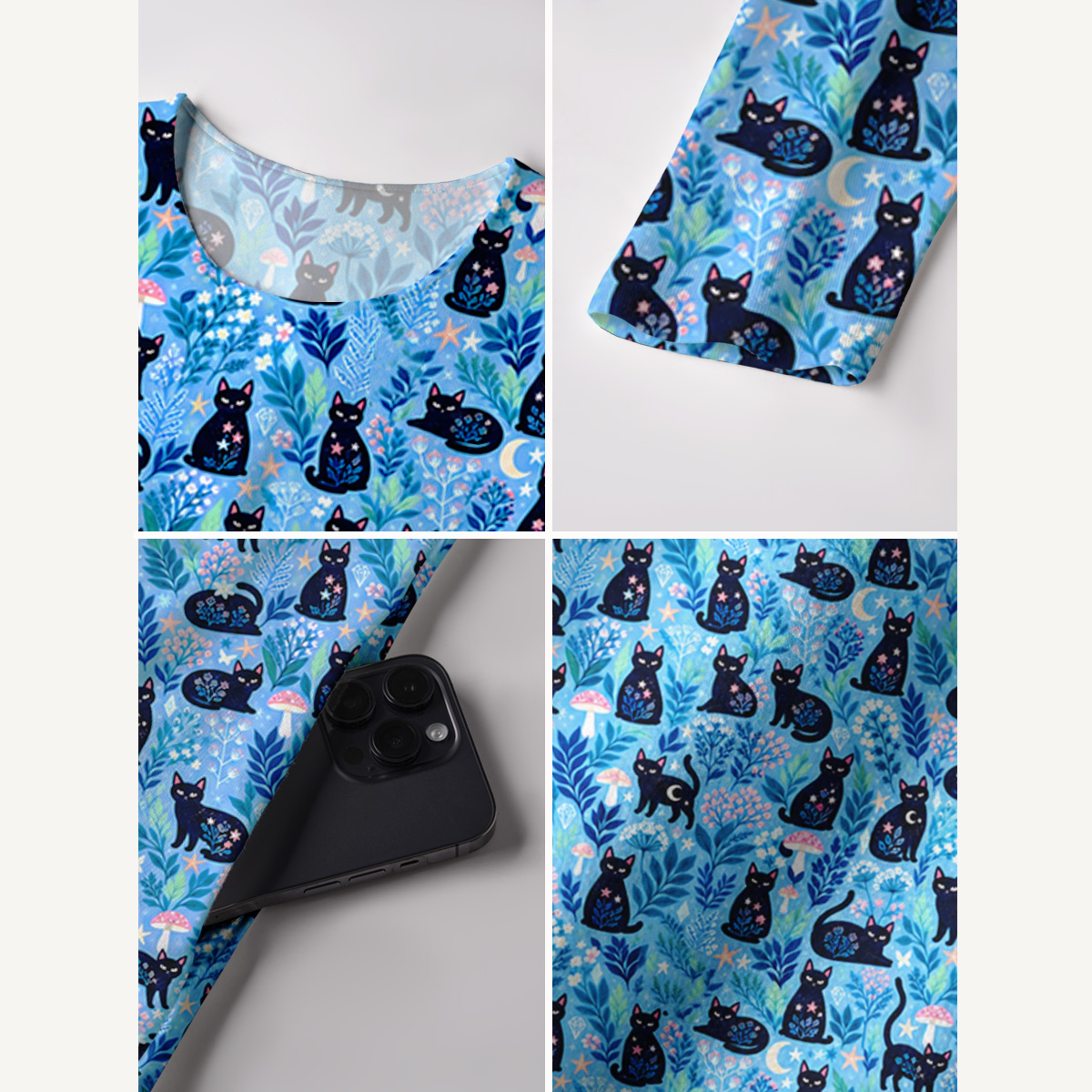Celestial Black Cats & Mushrooms Print Soft-Touch Stretch Knit Long Sleeve Maxi Dress with Pockets