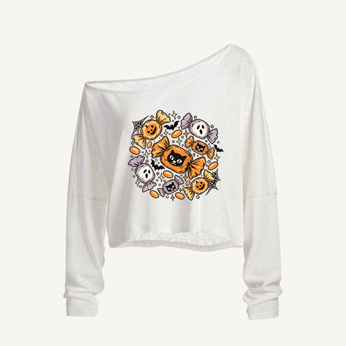 Spooky Sweet Halloween Treats Long Sleeve Off Shoulder T-shirt