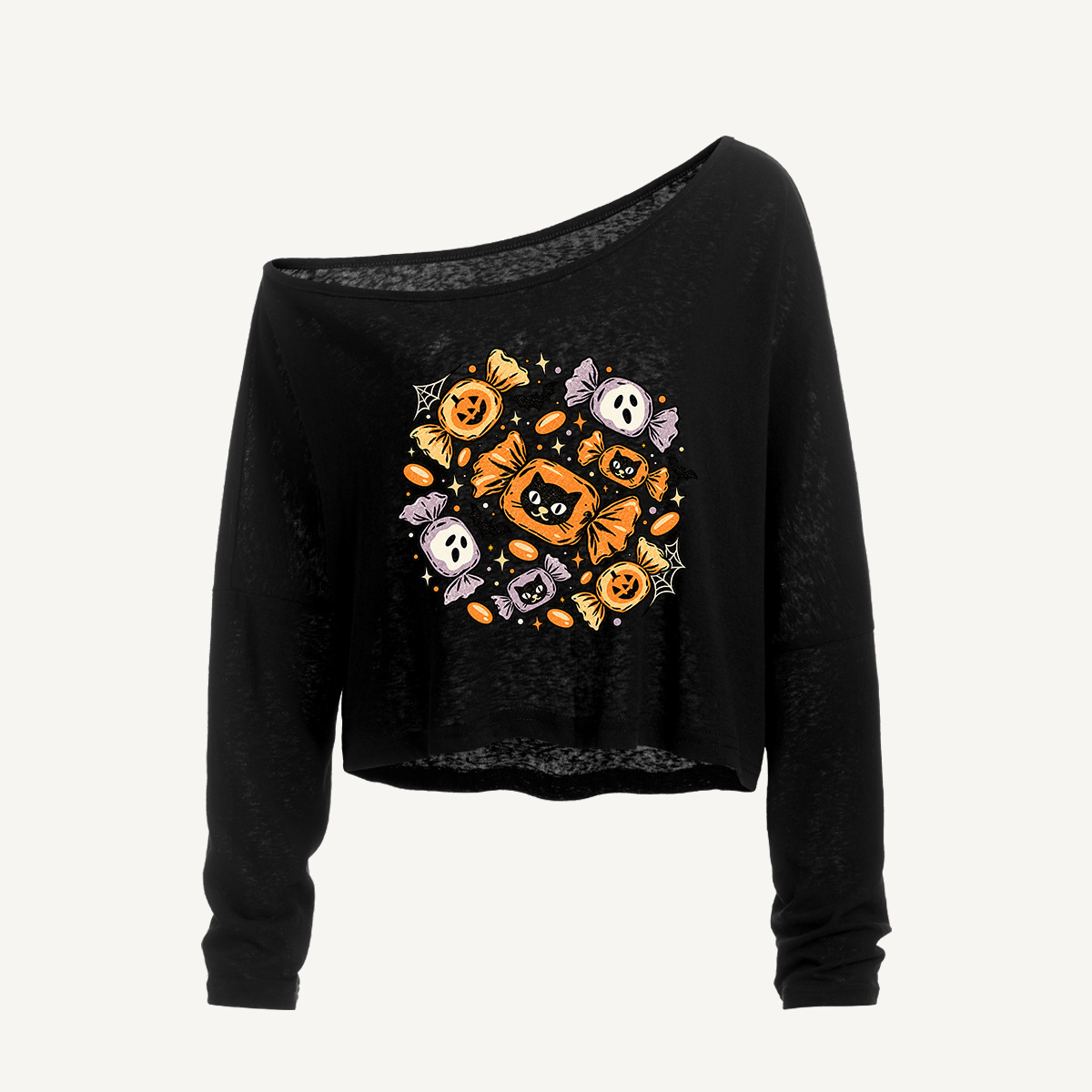 Spooky Sweet Halloween Treats Long Sleeve Off Shoulder T-shirt