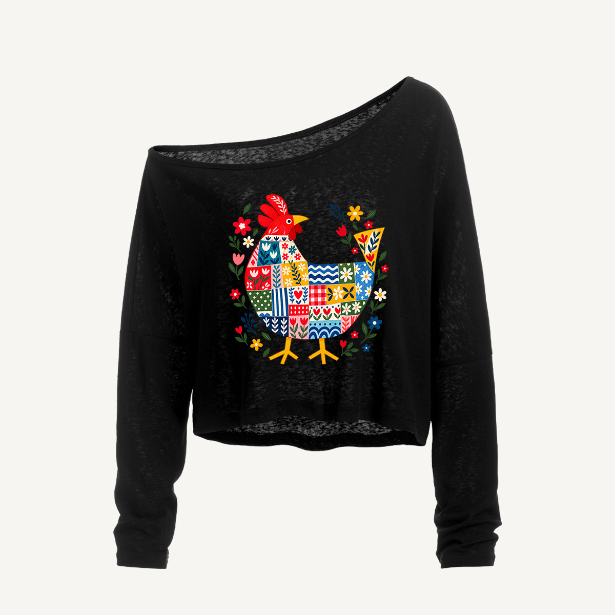 Vintage Patchwork Folk Rooster Long Sleeve Off Shoulder T-shirt