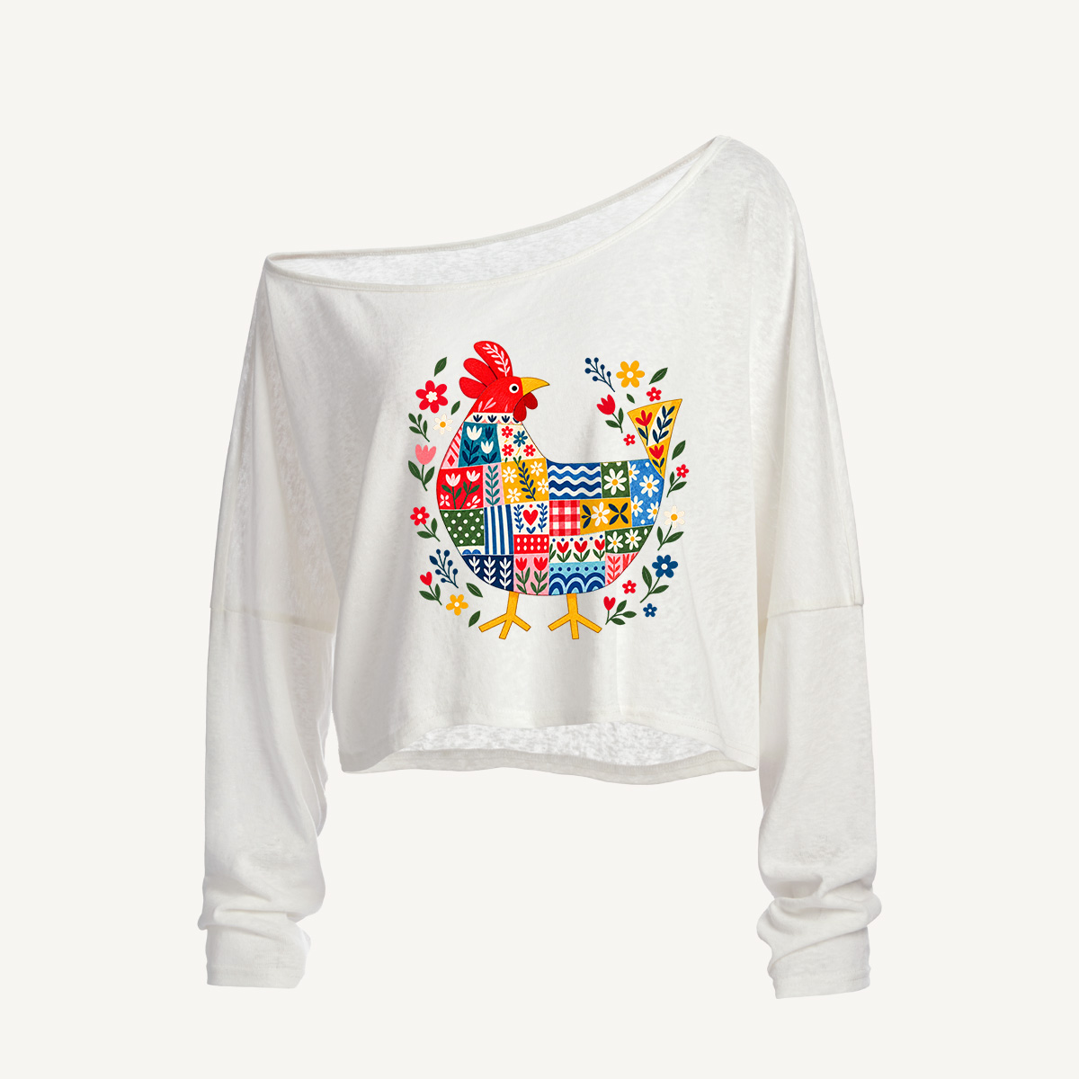 Vintage Patchwork Folk Rooster Long Sleeve Off Shoulder T-shirt