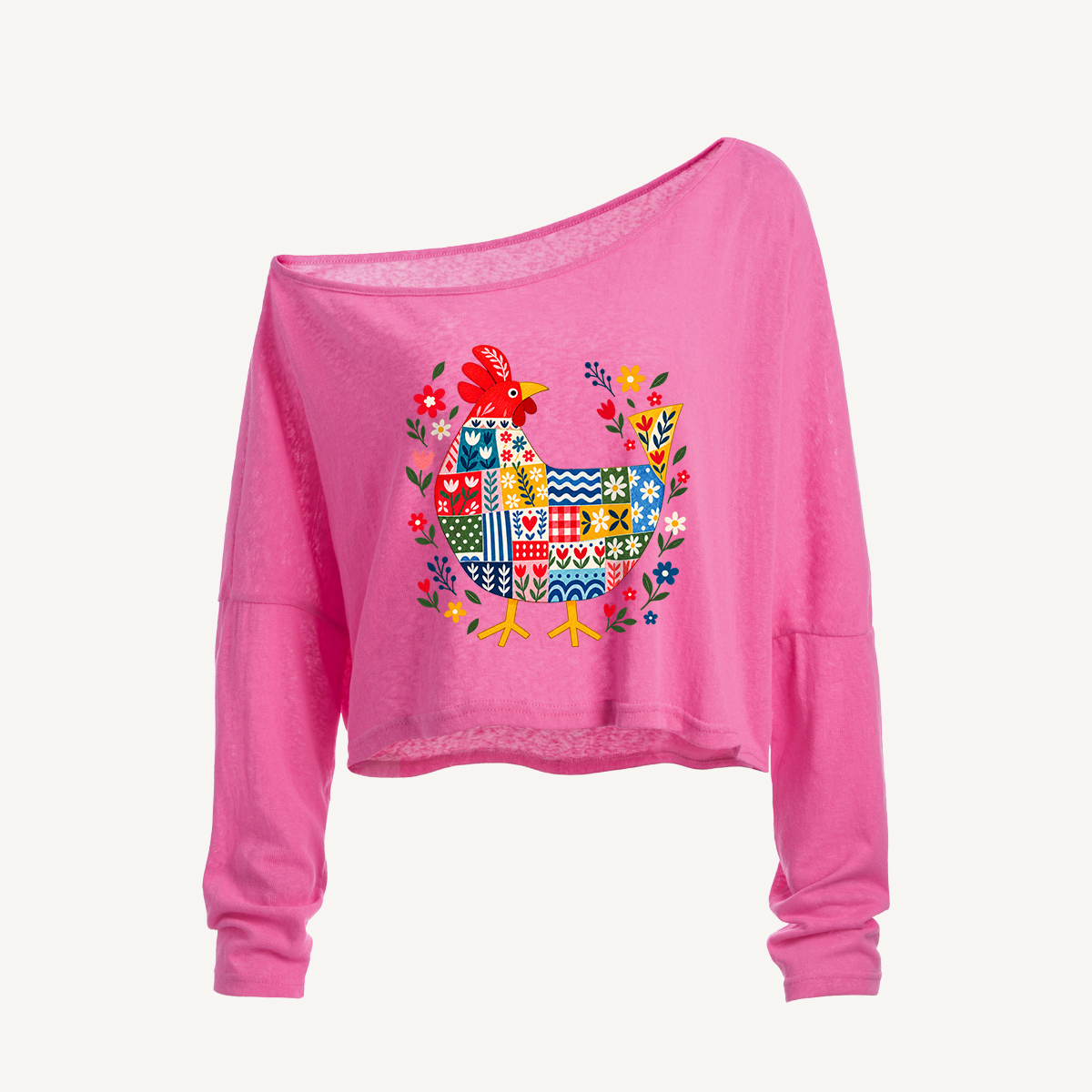 Vintage Patchwork Folk Rooster Long Sleeve Off Shoulder T-shirt