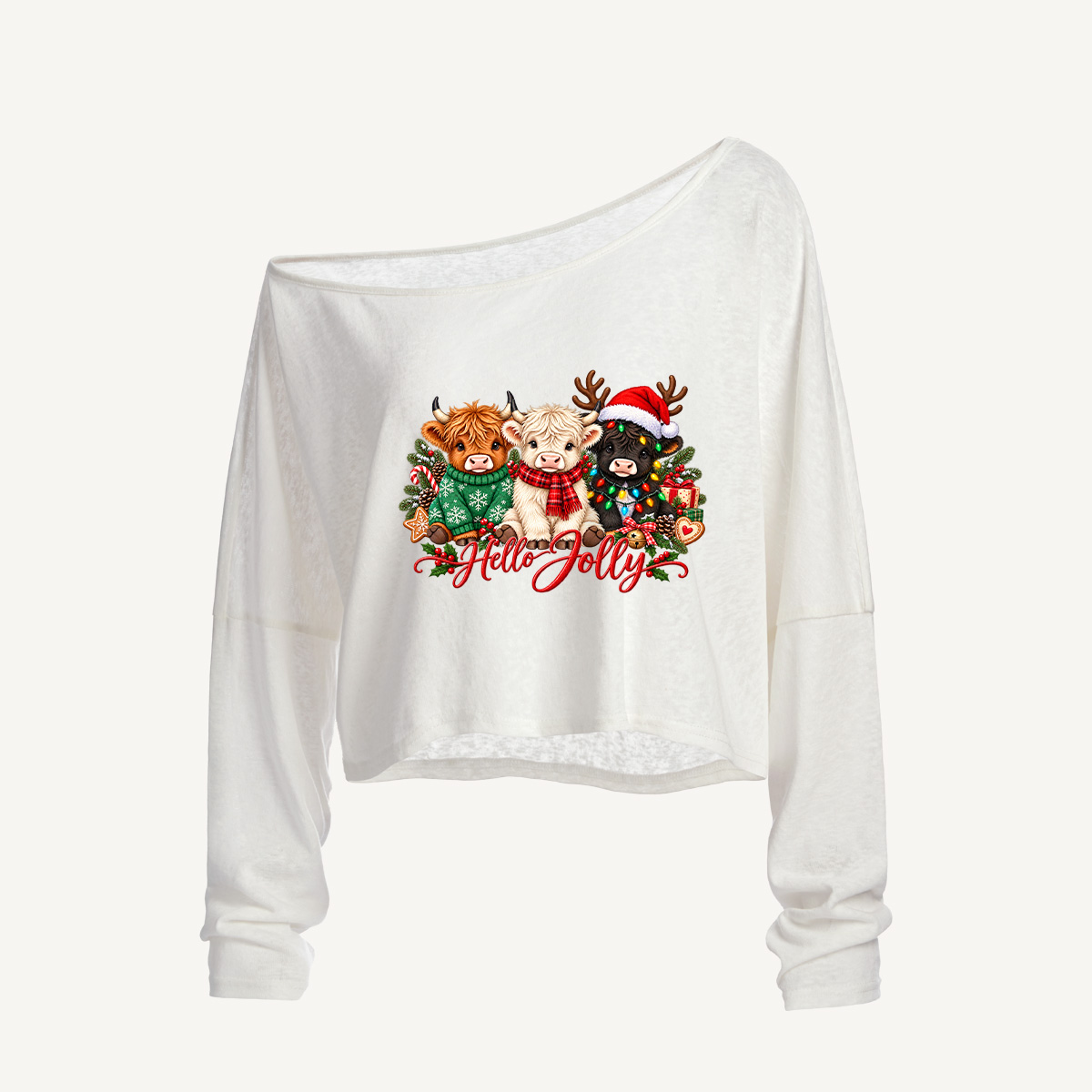 Hello Jolly Highland Calves Long Sleeve Off Shoulder T-shirt