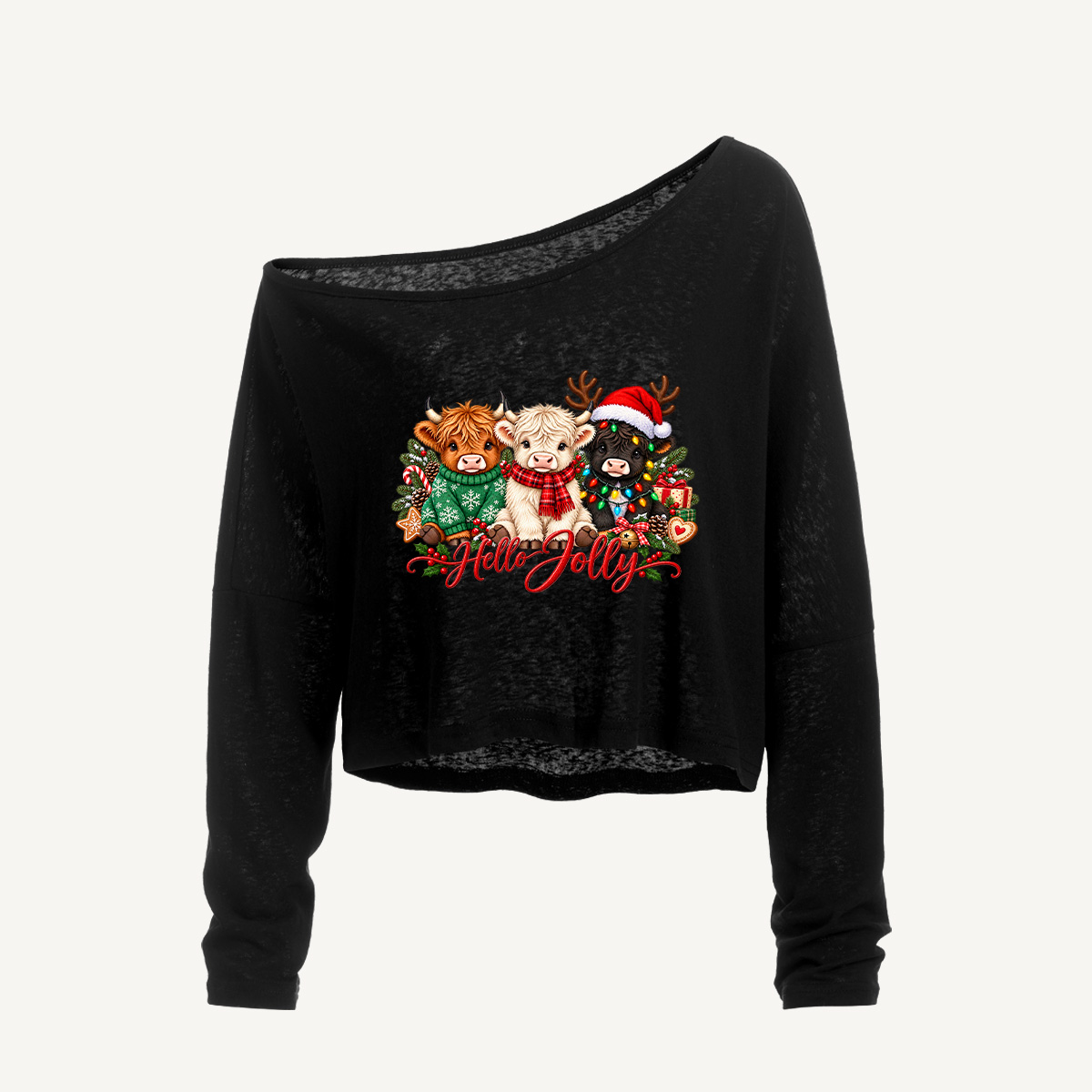 Hello Jolly Highland Calves Long Sleeve Off Shoulder T-shirt