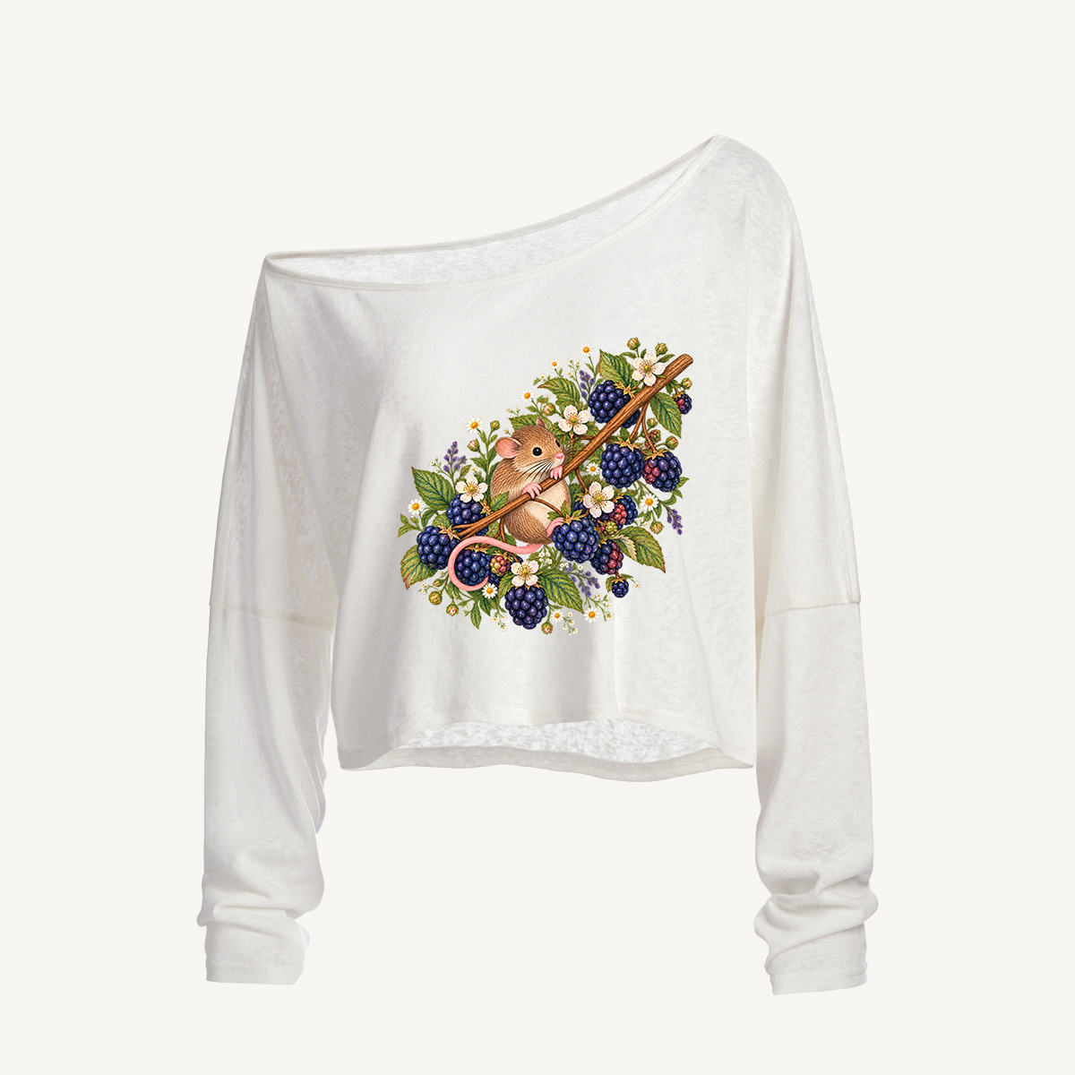 Woodland Blackberry Harvest Mouse Long Sleeve Off Shoulder T-shirt
