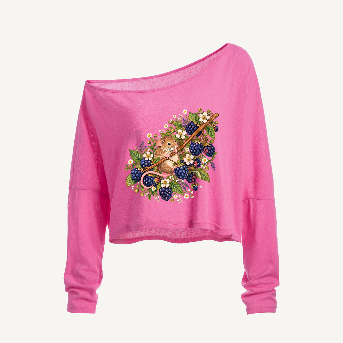 Woodland Blackberry Harvest Mouse Long Sleeve Off Shoulder T-shirt