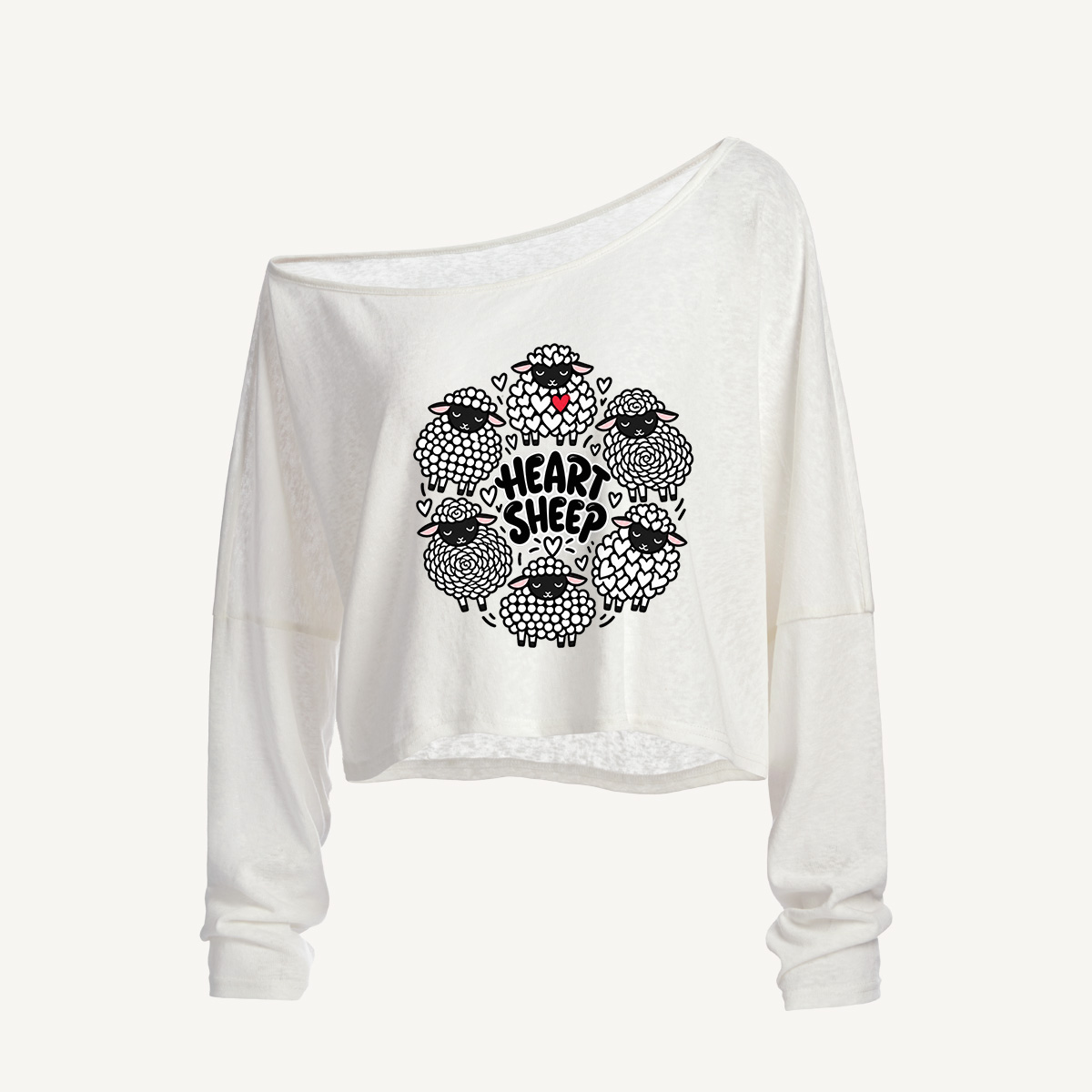 Cozy Heart Sheep Emblem Long Sleeve Off Shoulder T-shirt