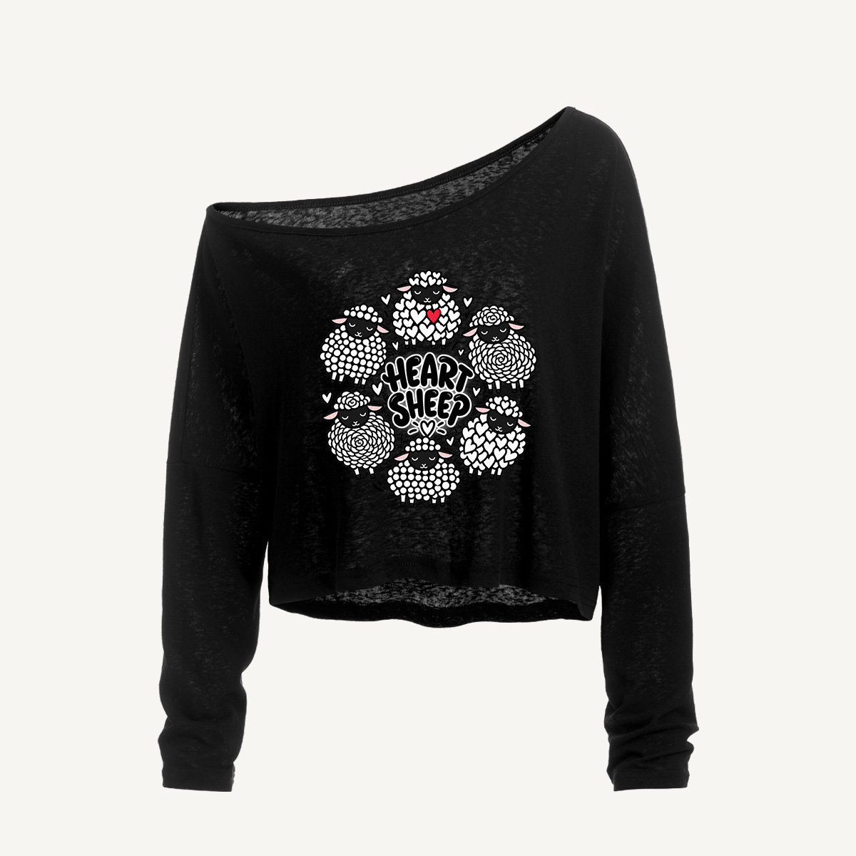 Cozy Heart Sheep Emblem Long Sleeve Off Shoulder T-shirt