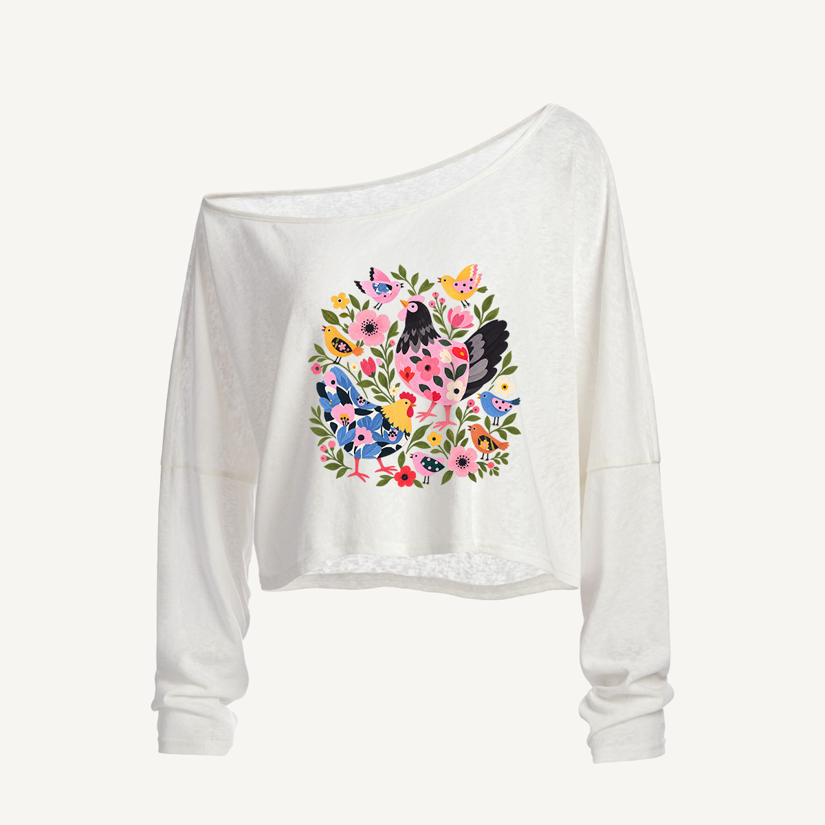 Folk Art Springtime Fleet Long Sleeve Off Shoulder T-shirt