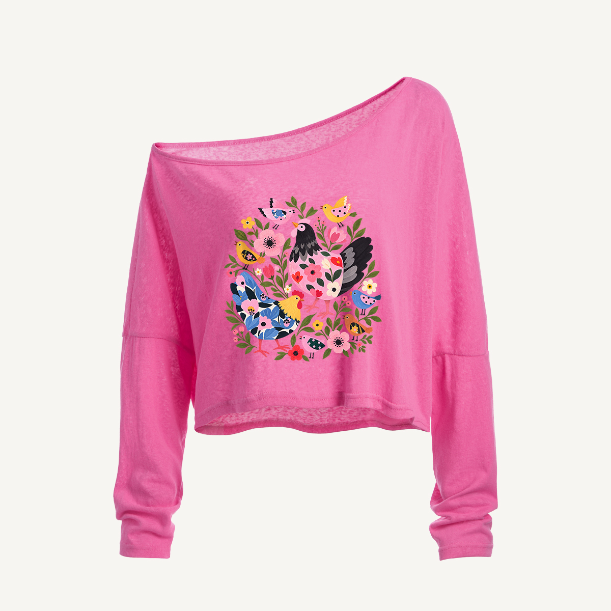 Folk Art Springtime Fleet Long Sleeve Off Shoulder T-shirt